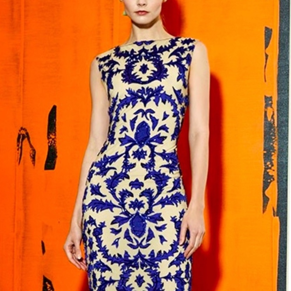 Alice + Olivia Tamika Embellished Beaded Royal Blue Nude Midi Dress